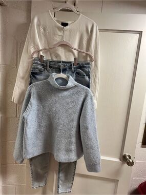 3 pc Calvin Klein Light Blue Turtleneck Sweater/white sweater/GUESS jeans